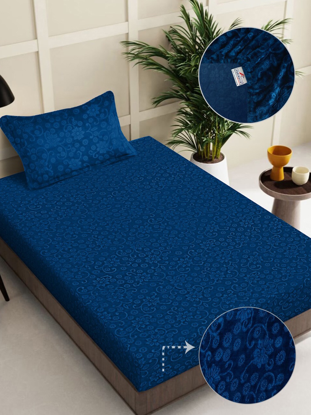 

FABINALIV Navy Blue Floral 300 TC Embossed Fitted Single Bedsheet with 1 Pillow Covers
