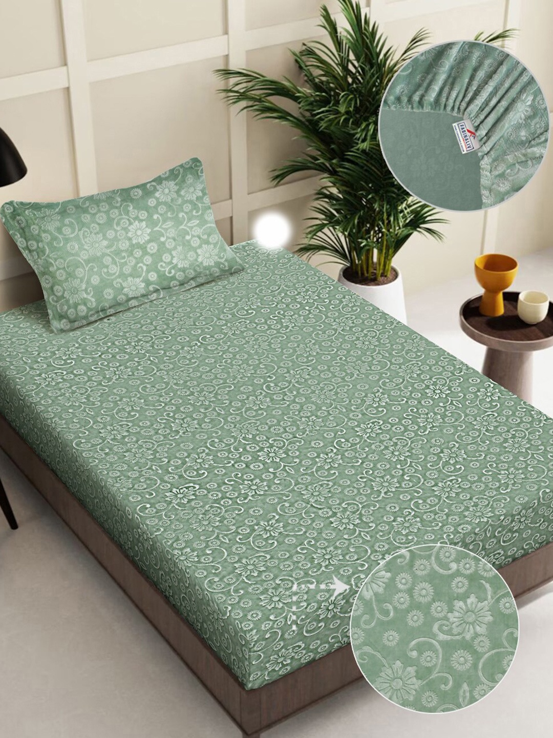 

FABINALIV Green Floral 300 TC Embossed Fitted Single Bedsheet with 1 Pillow Covers