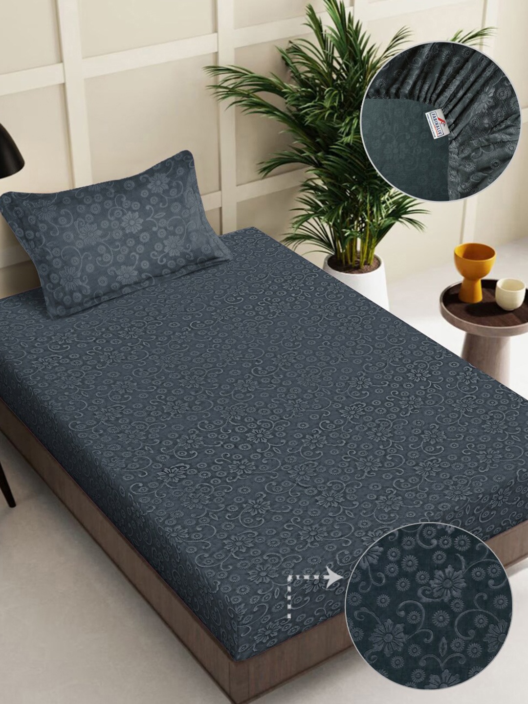 

FABINALIV Grey Floral 300 TC Embossed Fitted Single Bedsheet with 1 Pillow Covers
