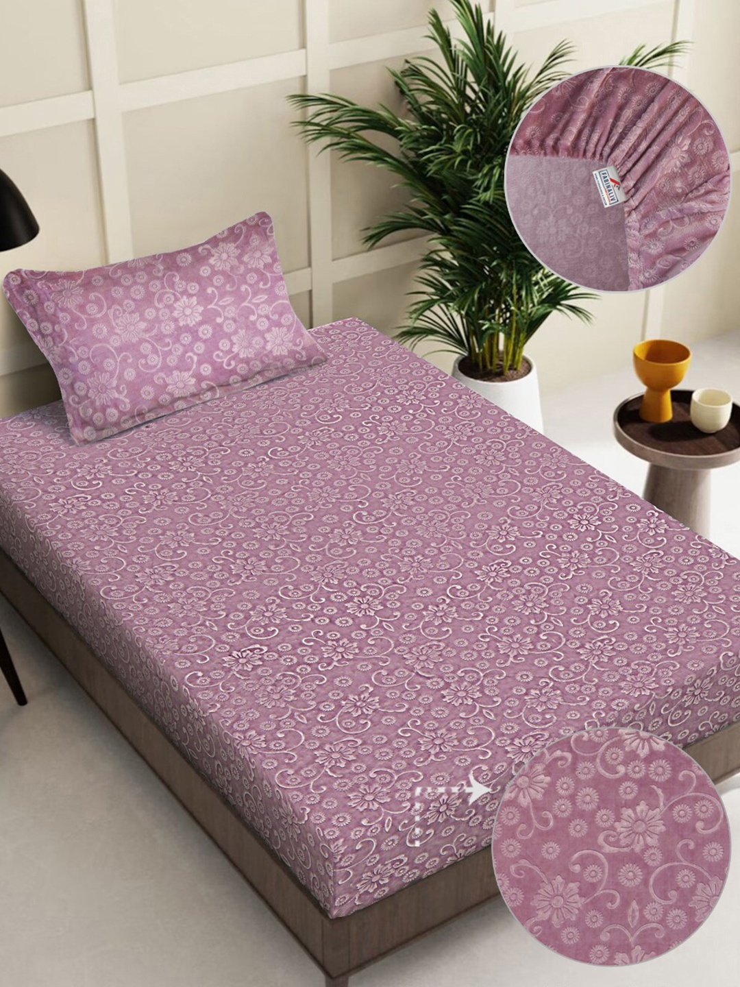 

FABINALIV Pink Floral 300 TC Embossed Fitted Single Bedsheet with 1 Pillow Covers