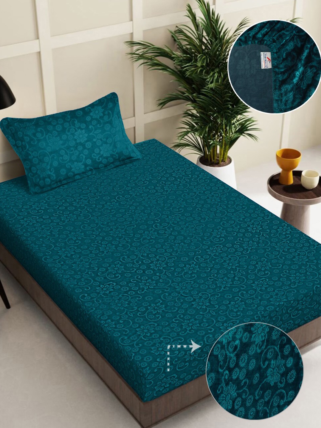 

FABINALIV Teal Floral 300 TC Embossed Fitted Single Bedsheet with 1 Pillow Covers