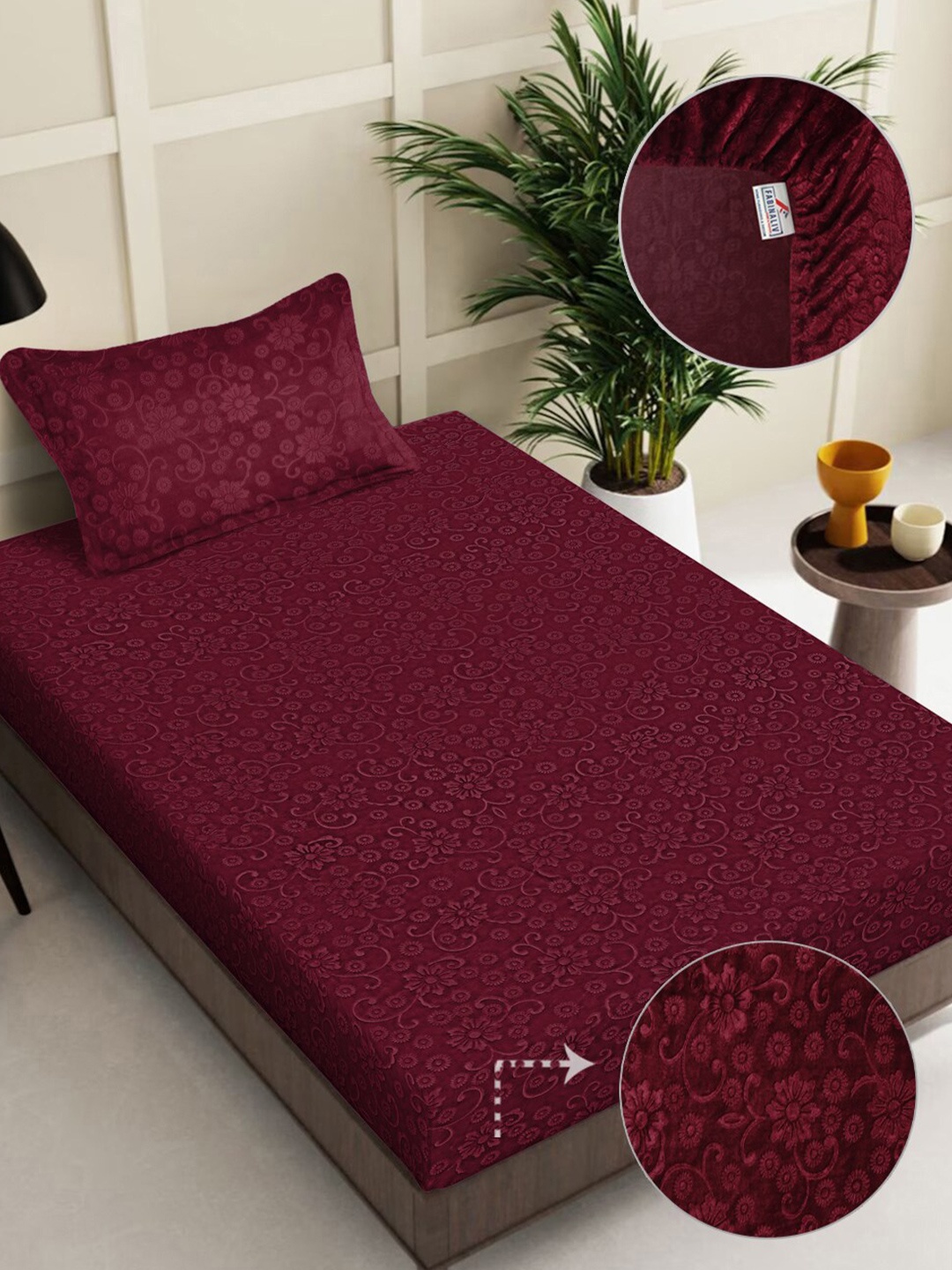 

FABINALIV Maroon Floral 300 TC Embossed Fitted Single Bedsheet with 1 Pillow Covers