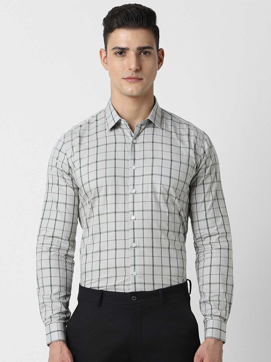 

Van Heusen Slim Fit Cotton Checked Full Sleeves Formal Shirt, Grey
