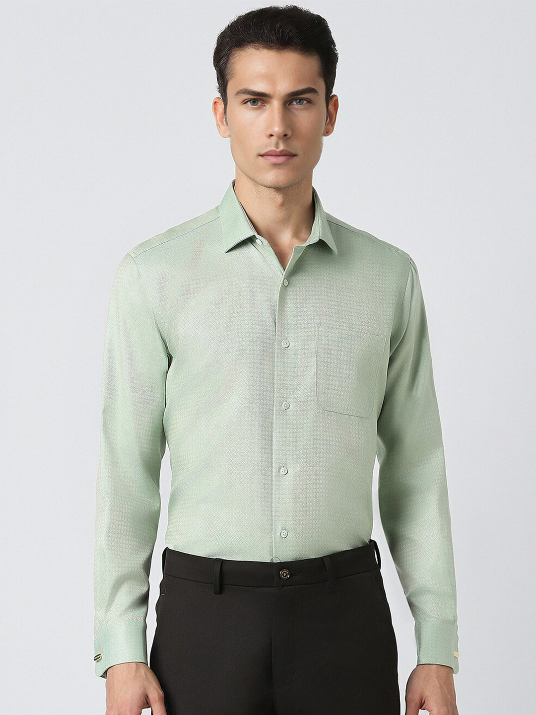 

Van Heusen Textured Cotton Full Sleeves Formal Shirt, Green