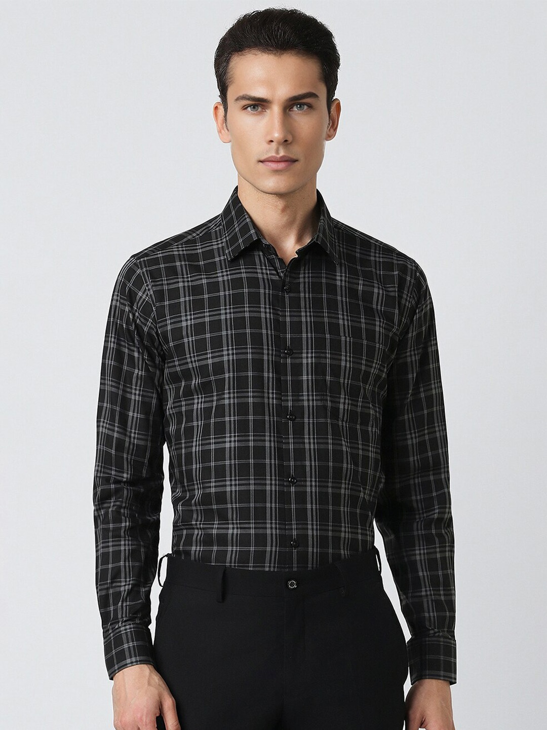 

Van Heusen Checked Spread Collar Cotton Formal Shirt, Black