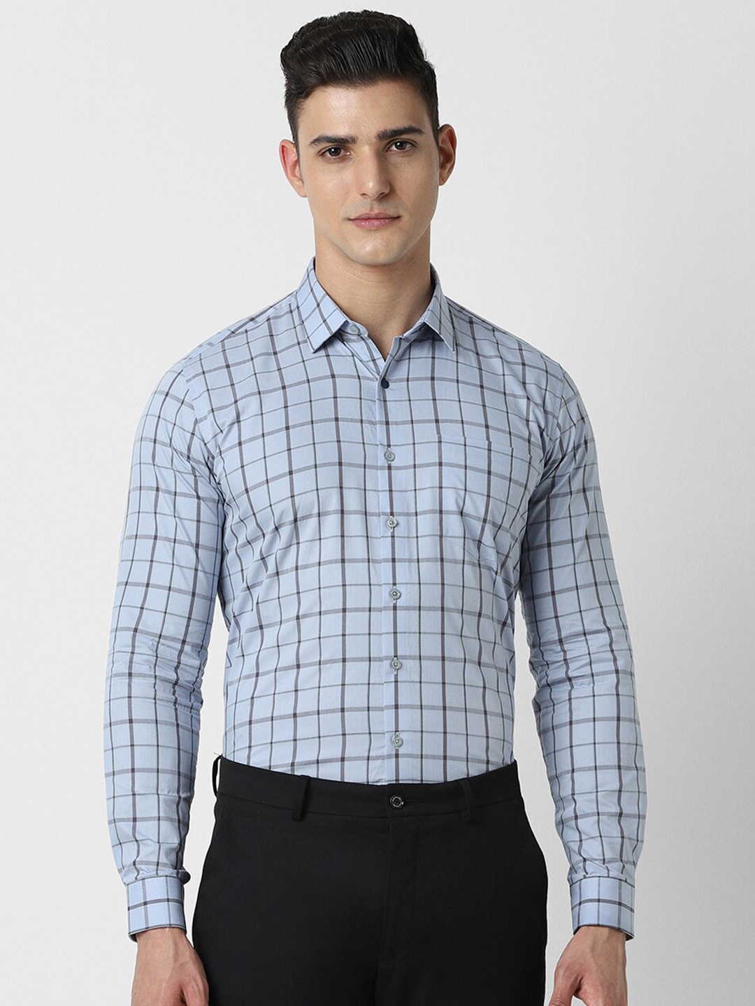 

Van Heusen Slim Fit Check Cotton Full Sleeves Formal Shirt, Blue