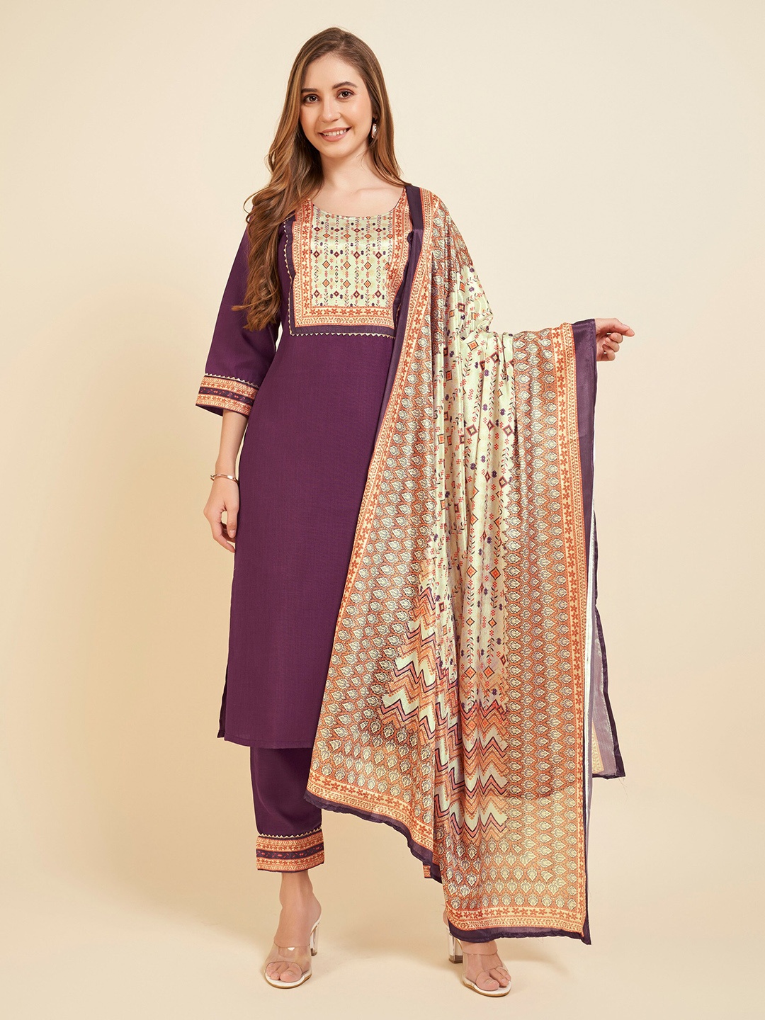 

Twika Women Ethnic Motifs Straight Kurta with Trousers & Dupatta, Purple