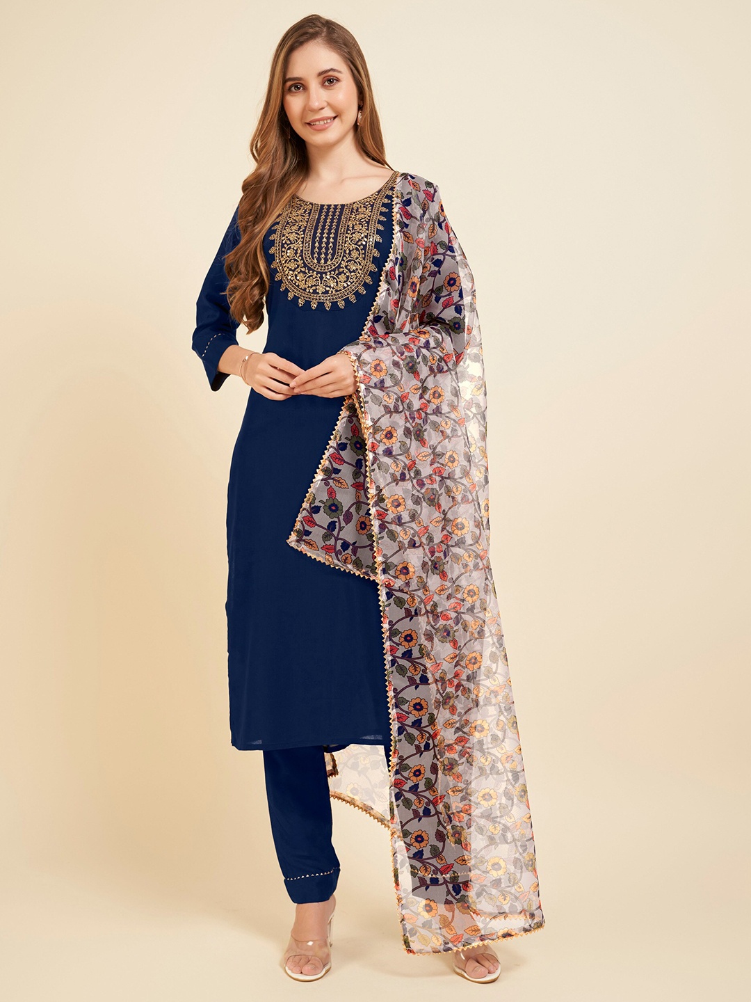 

Twika Ethnic Motifs Embroidered Kurta With Trousers & Dupatta, Blue