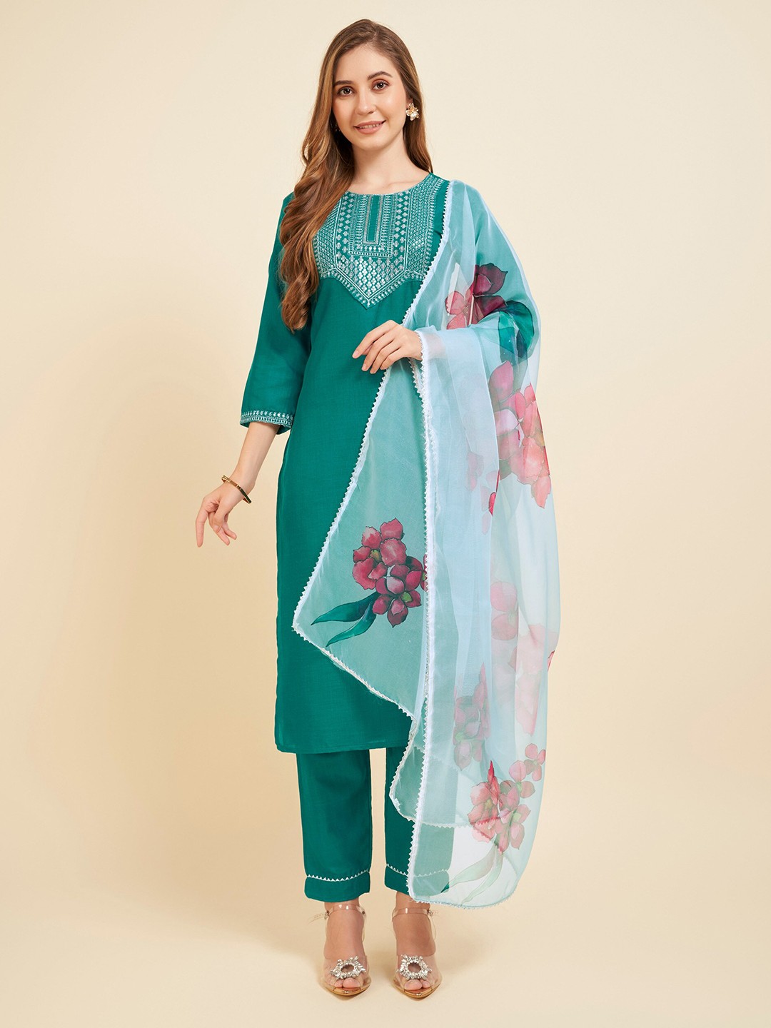 

Twika Ethnic Motifs Embroidered Kurta With Trousers & Dupatta, Green