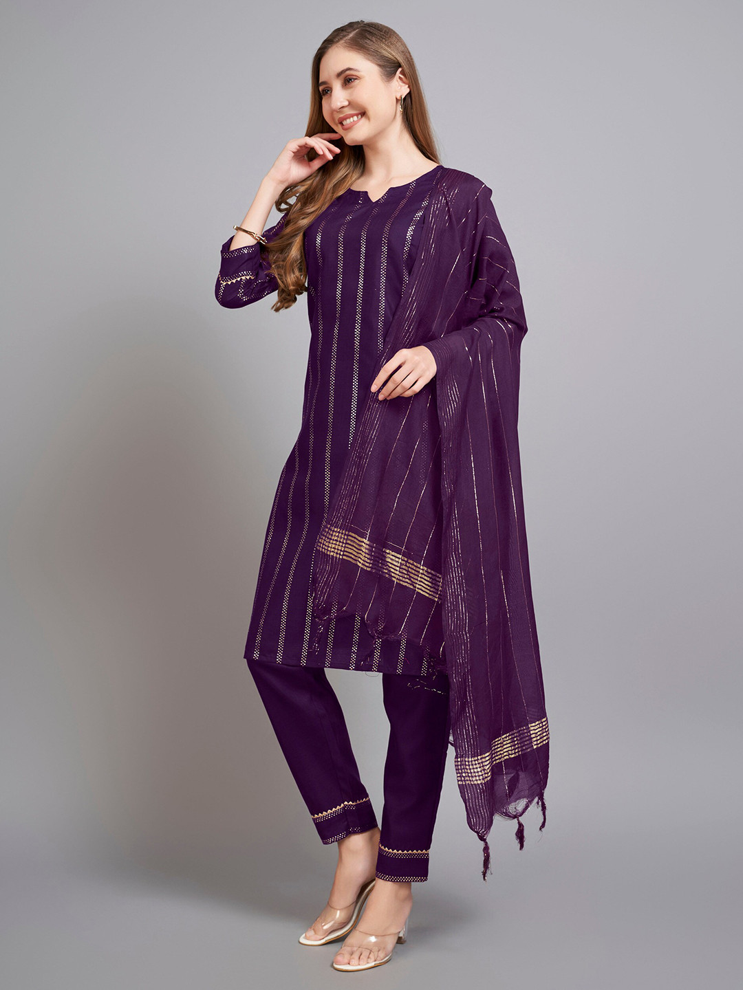 

Twika Striped Kurta With Trousers & Dupatta, Purple