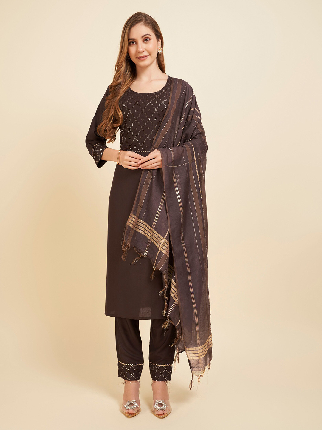 

Twika Geometric Embroidered Kurta With Trousers & Dupatta, Coffee brown