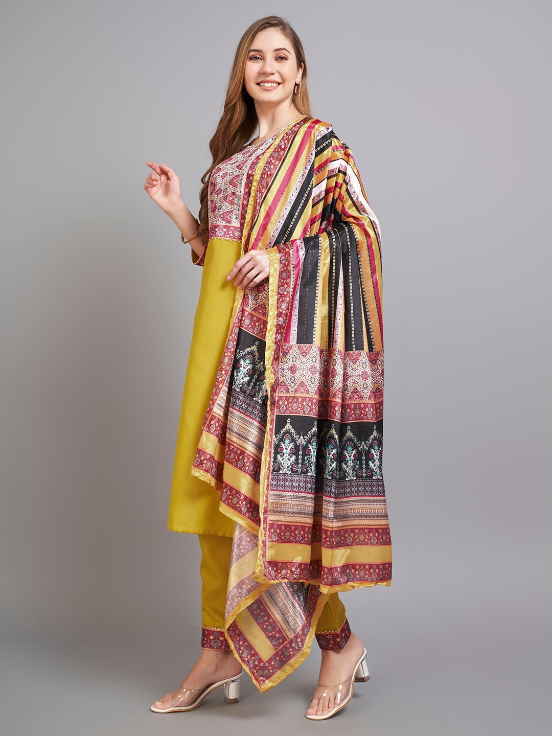 

Twika Ethnic Motifs Kurta With Trousers & Dupatta, Mustard