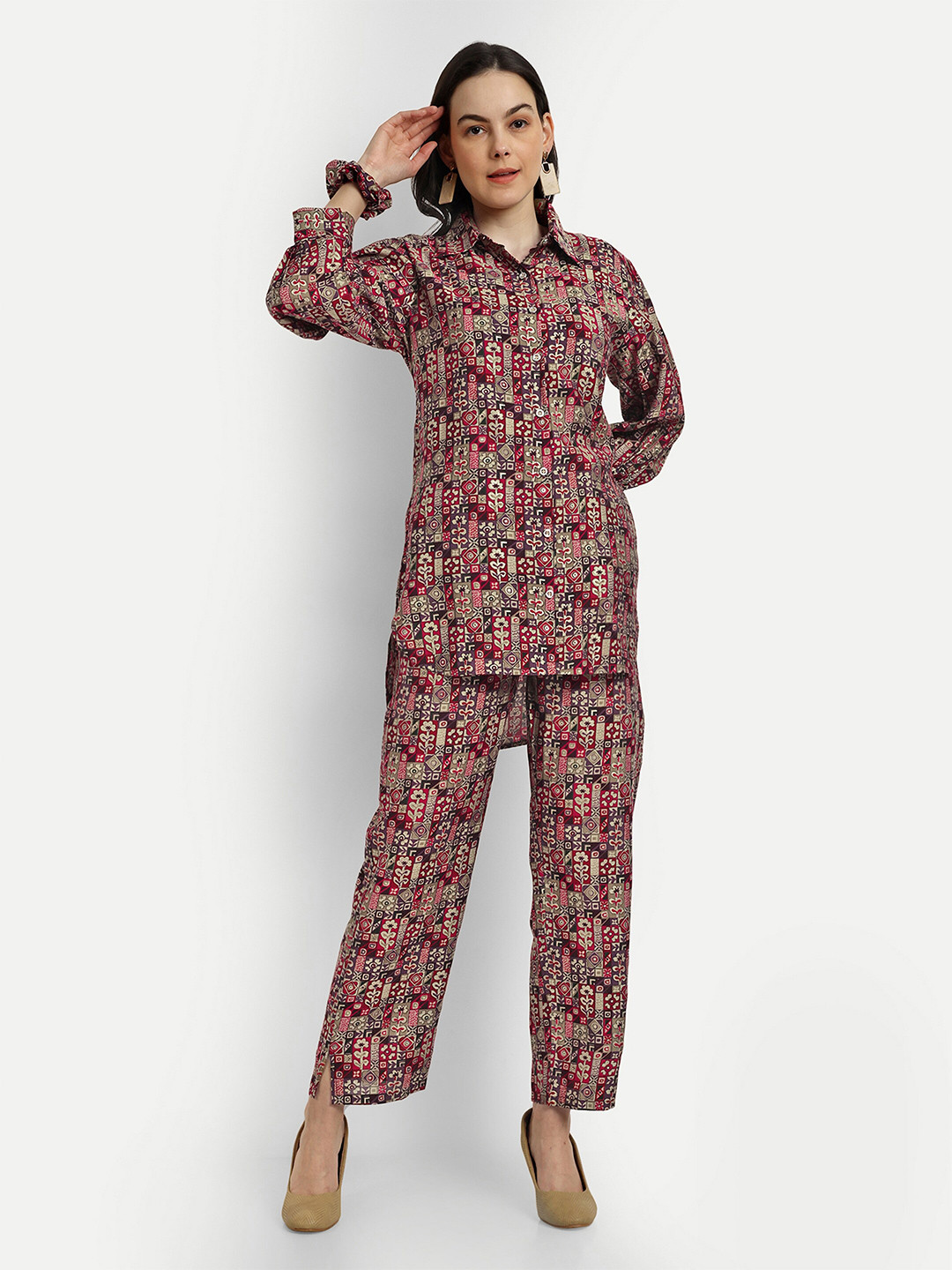 

SHINISHA Ethnic Motif Printed Modal Chanderi Shirt With Trouser Co-Ords, Maroon