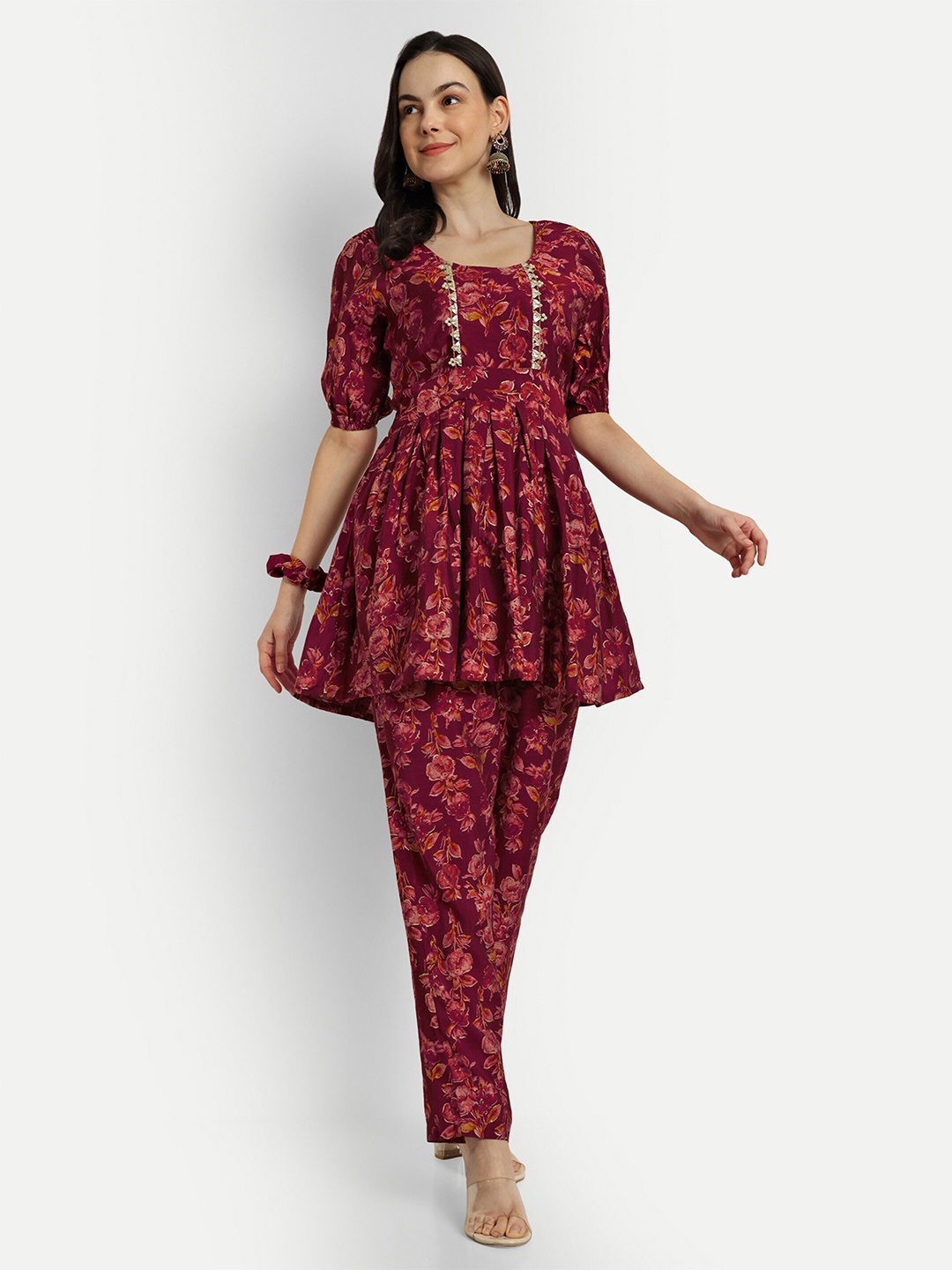 

SHINISHA Floral Printed Tunic With Trouser Co-Ords With Scrunchie, Maroon