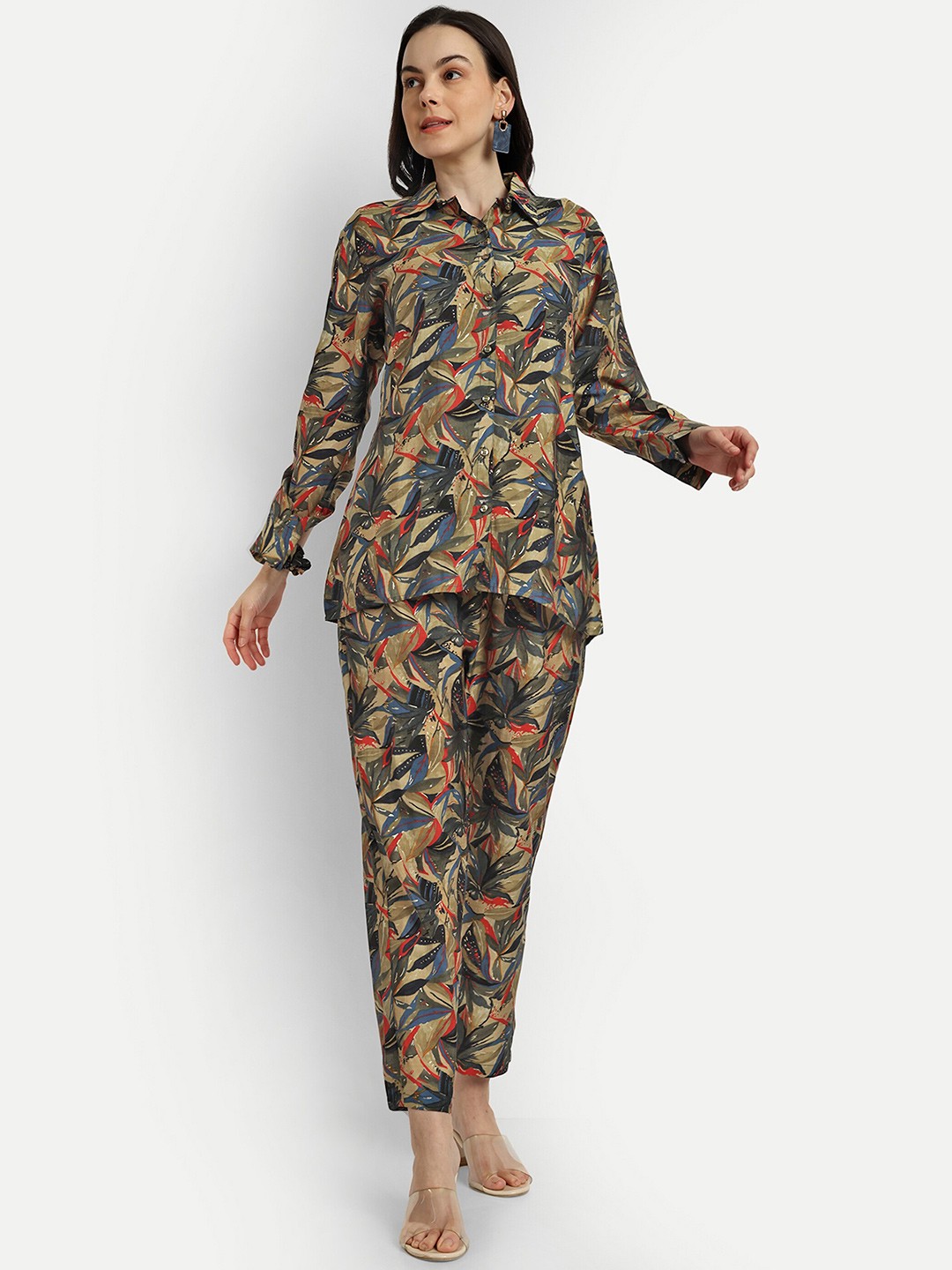 

SHINISHA Floral Printed Shirt With Trouser Co-Ords With Scrunchie, Green