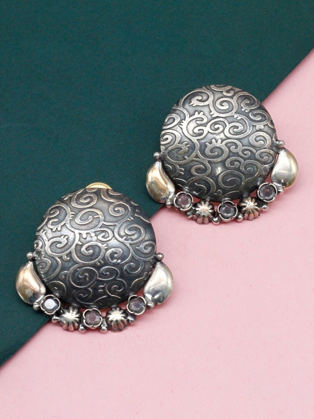 

SANGEETA BOOCHRA Sterling Silver Stones Studded Contemporary Oxidised Studs Earrings