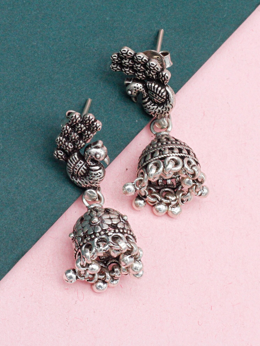 

SANGEETA BOOCHRA Sterling Silver Cubic Zirconia Studded Peacock Shaped Jhumkas