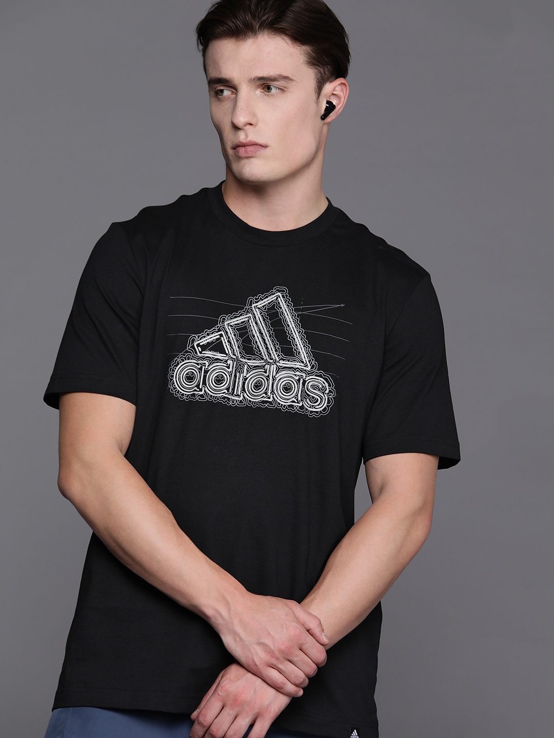 

ADIDAS Men Brand Logo Printed Growth BOS Pure Cotton T-shirt, Black