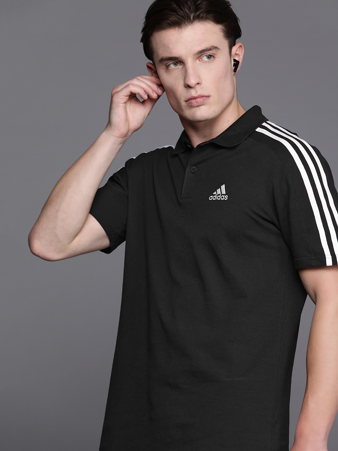 

ADIDAS Men 3-Striped Pure Cotton Polo T-shirt, Black