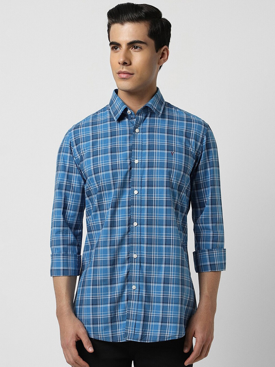 

Van Heusen Sport Slim Fit Checked Spread Collar Full Sleeves Casual Shirt, Blue