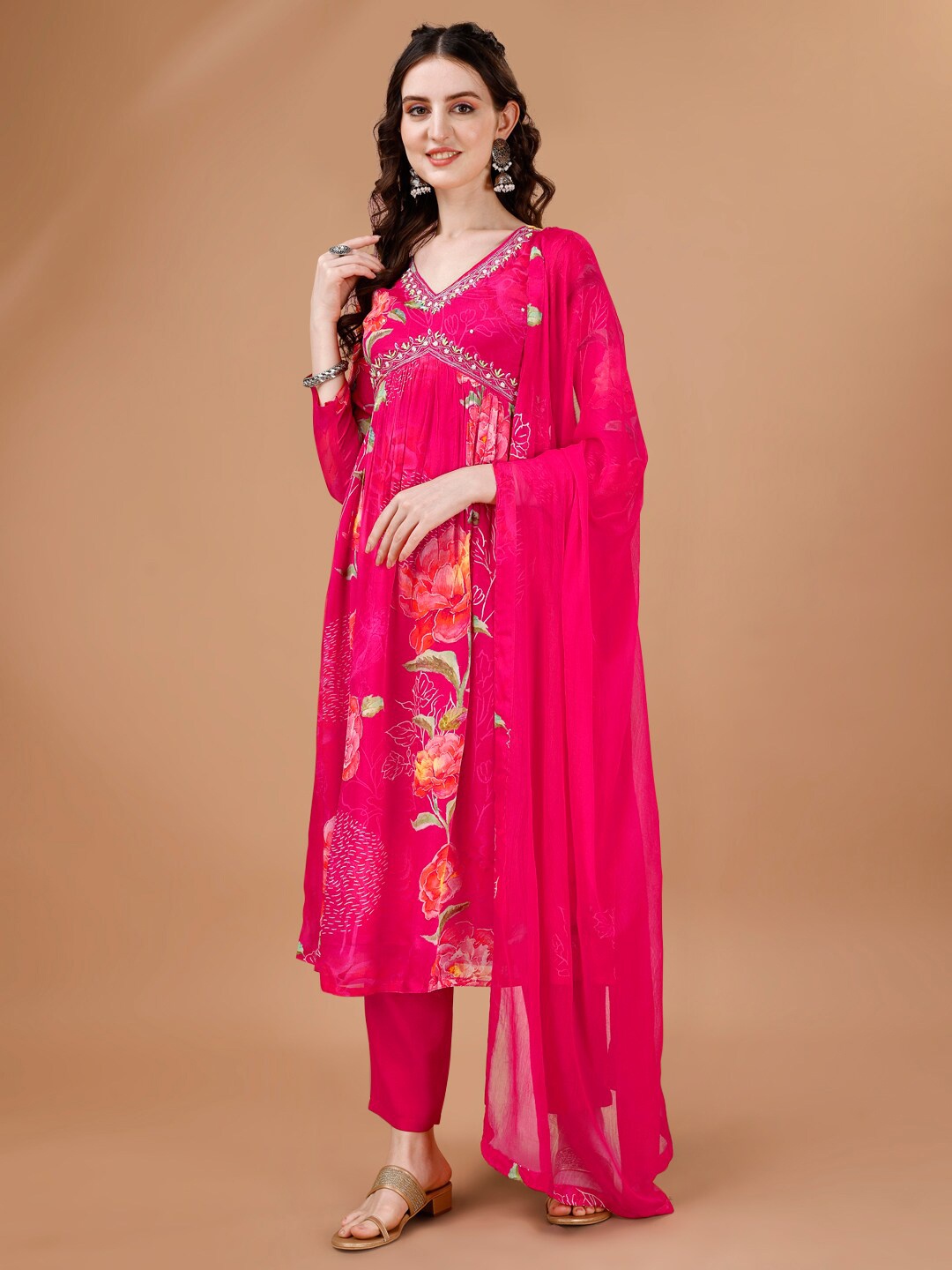 

Seerat Ethnic Motifs Printed Regular Thread Work Silk Chiffon Kurti with Trousers & With, Magenta