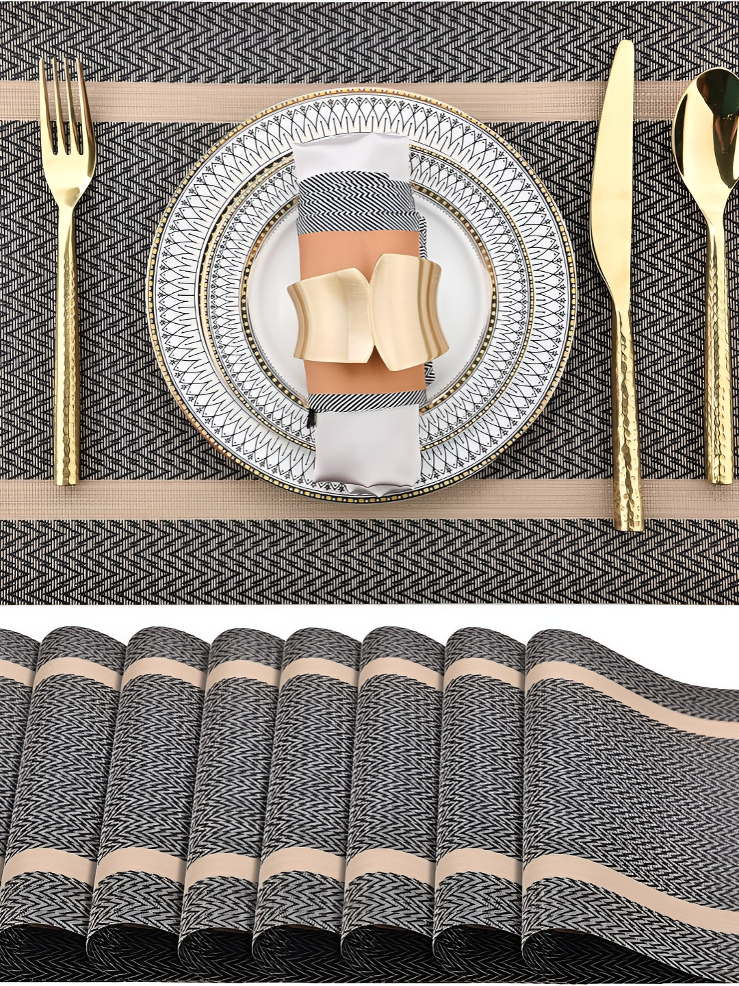

Wosta Brown & Grey 8 Pieces Striped Printed Rectangle Table Placemats