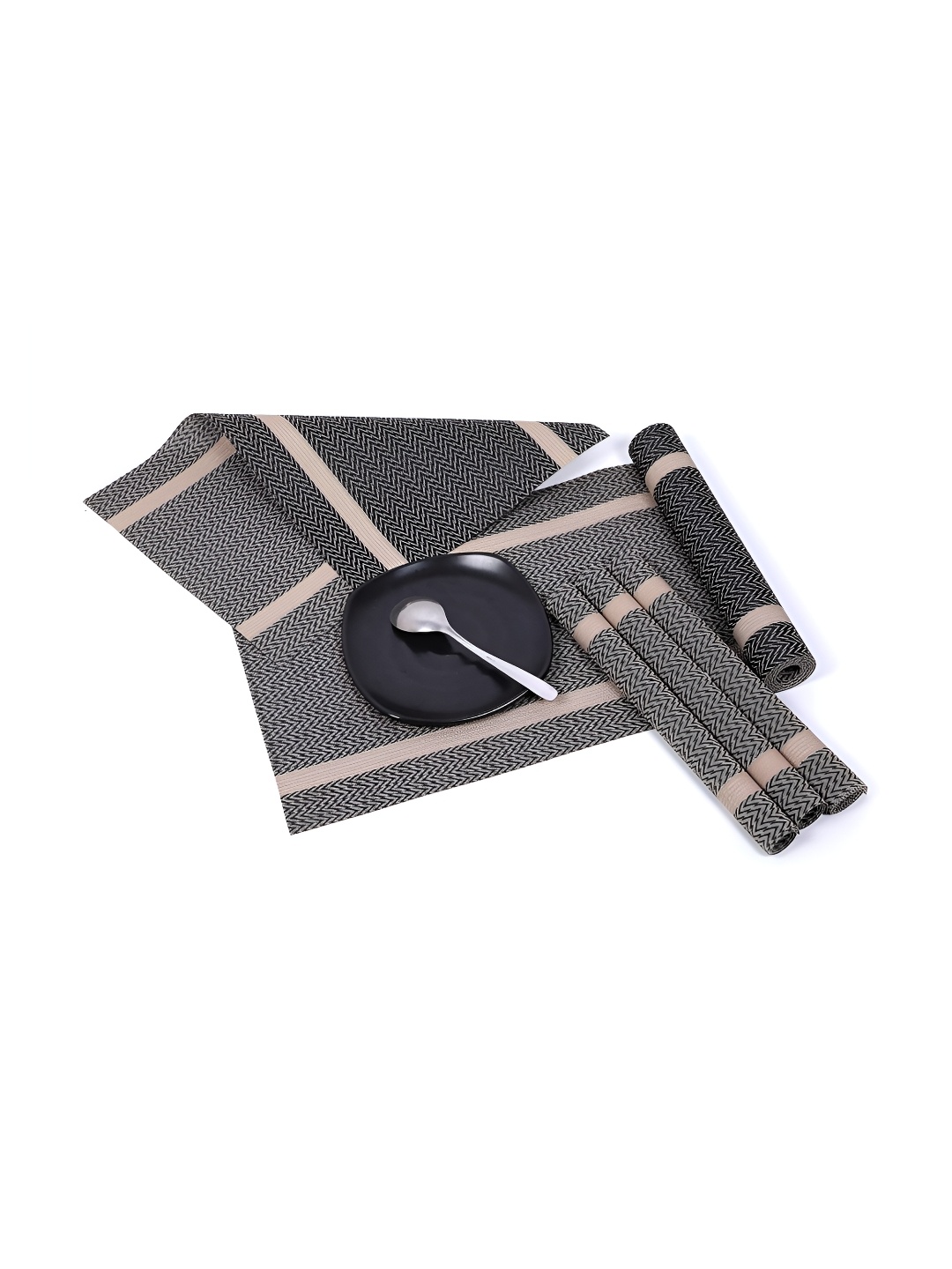 

Wosta Brown & Grey 5 Pieces Striped Printed Table Placemats With Runner