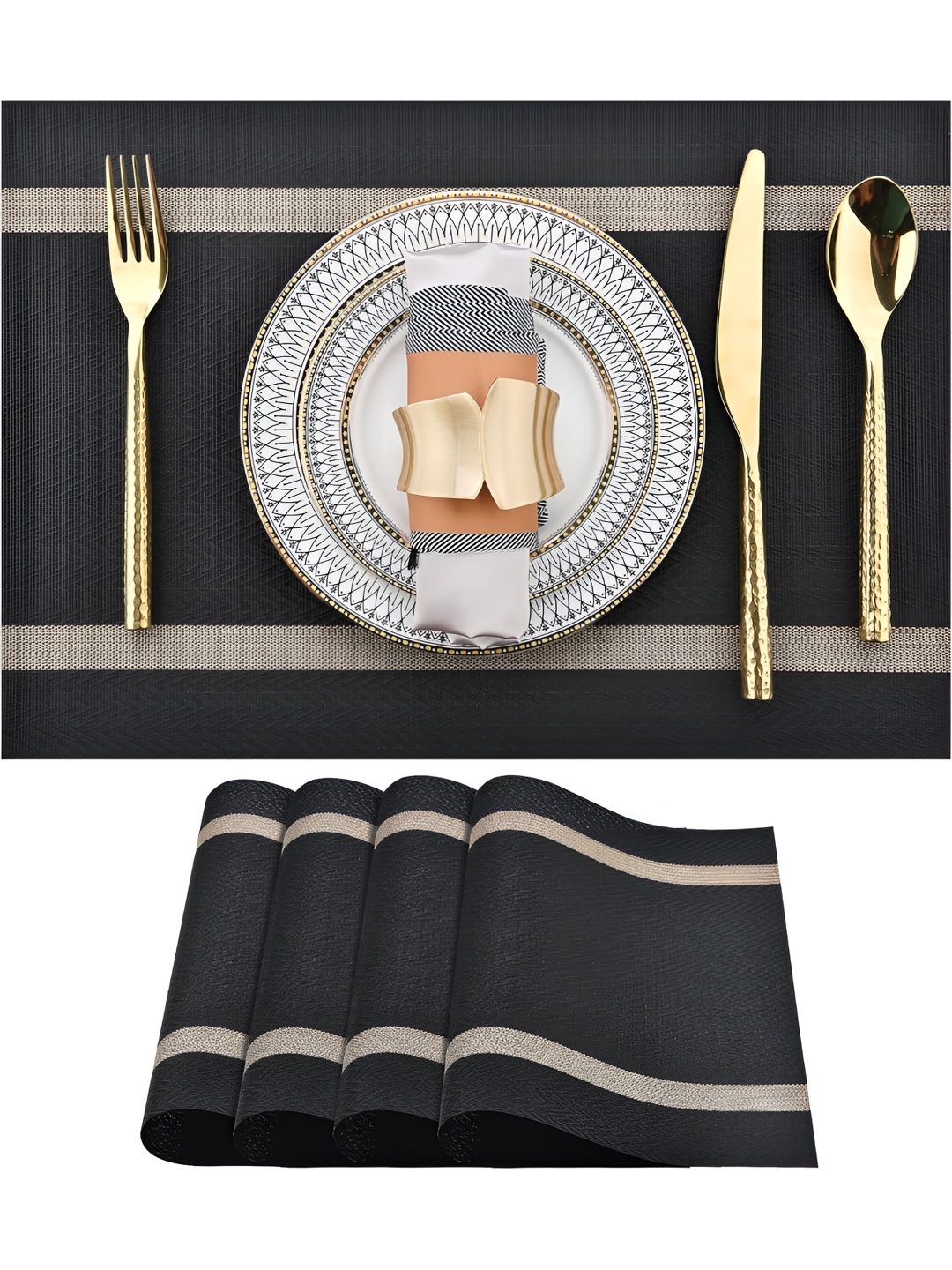 

Wosta Black & Brown 2 Pieces Striped Printed Rectangle Table Placemats
