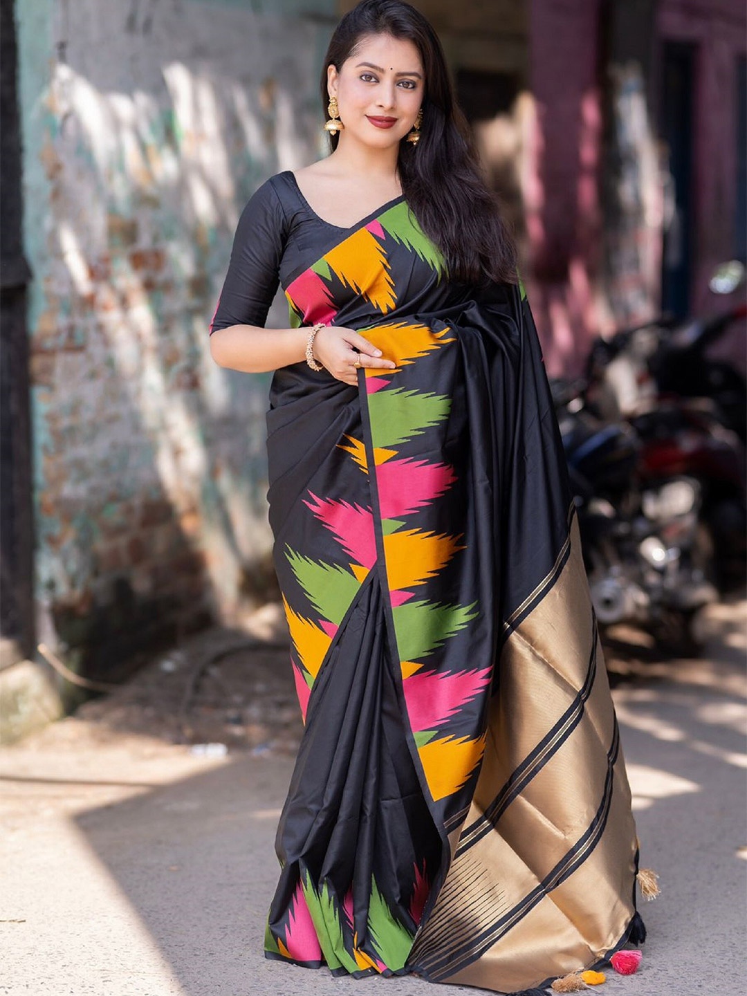 

Mitera Black Ikat Printed Zari Handloom Silk Saree