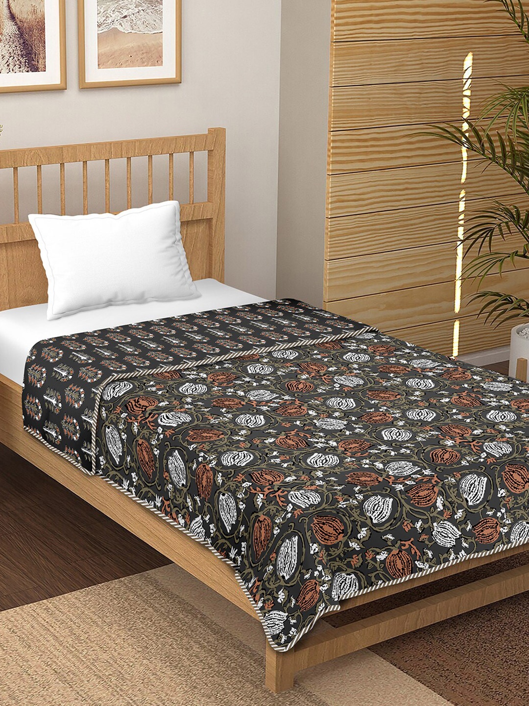 

BELLA CASA Brown Floral Printed Cotton 150 GSM Reversible Single Bed Dohar