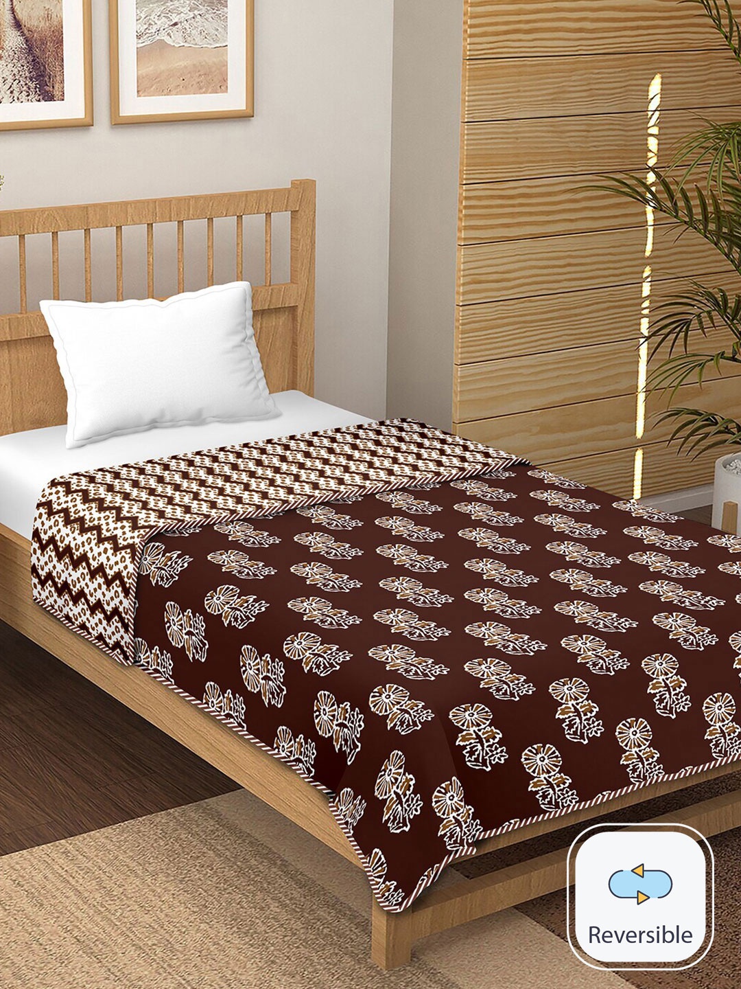 

BELLA CASA Brown Floral Printed Cotton 150 GSM Reversible Single Bed Dohar