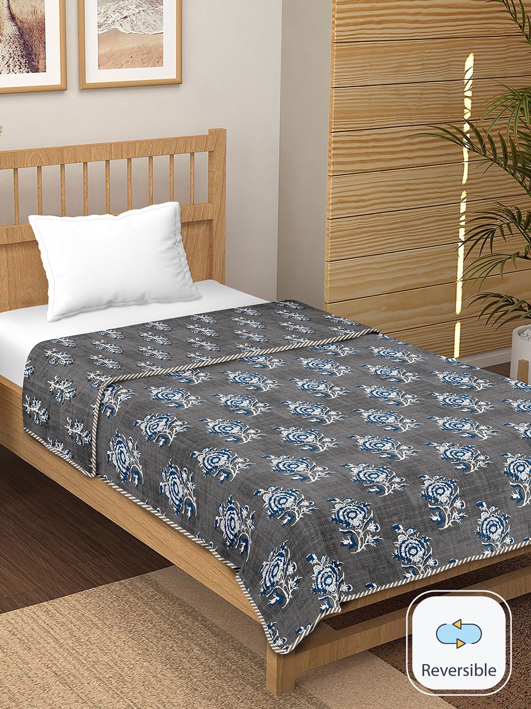 

BELLA CASA Grey Floral Printed Cotton 150 GSM Reversible Single Bed Dohar