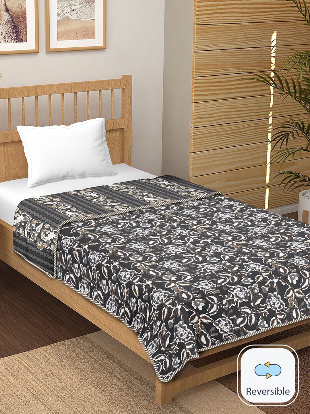 

BELLA CASA Grey Floral Printed Cotton 150 GSM Reversible Single Bed Dohar