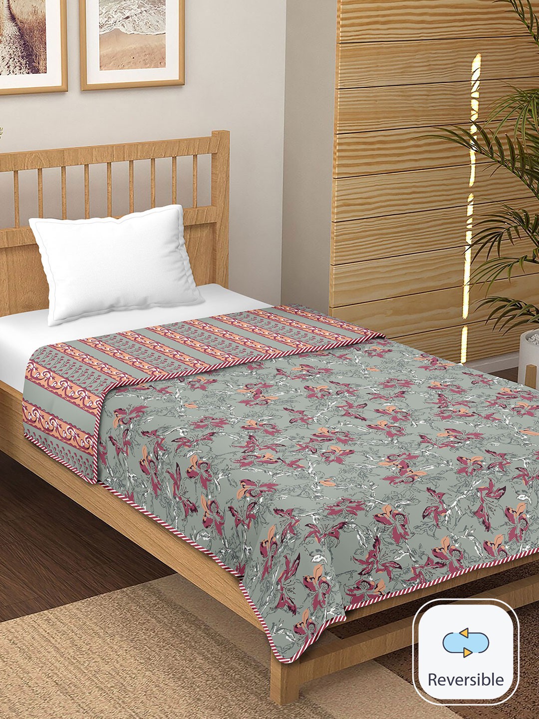 

BELLA CASA Pink Floral Printed Cotton 150 GSM Reversible Single Bed Dohar