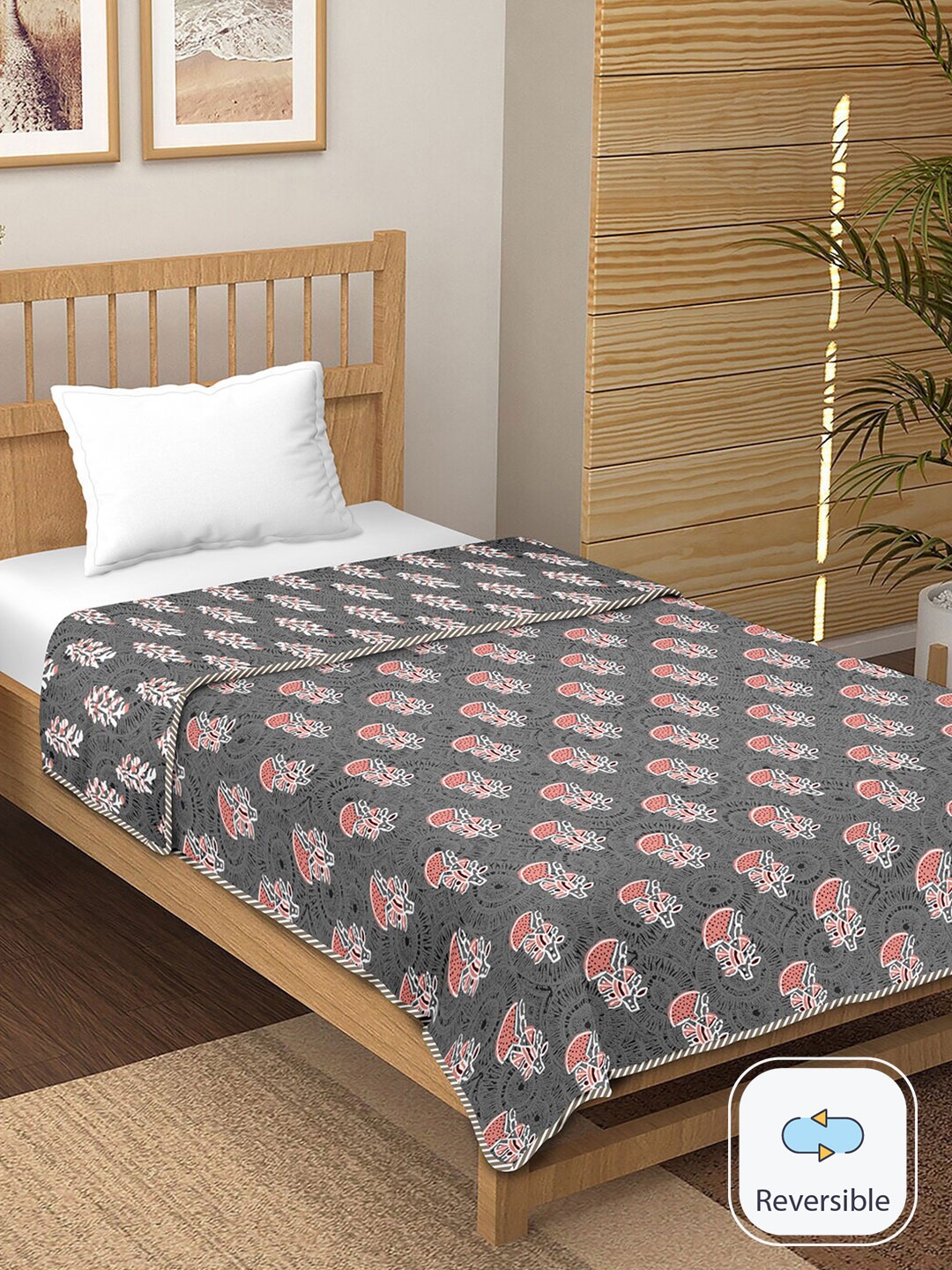 

BELLA CASA Grey Floral Printed Cotton 150 GSM Reversible Single Bed Dohar