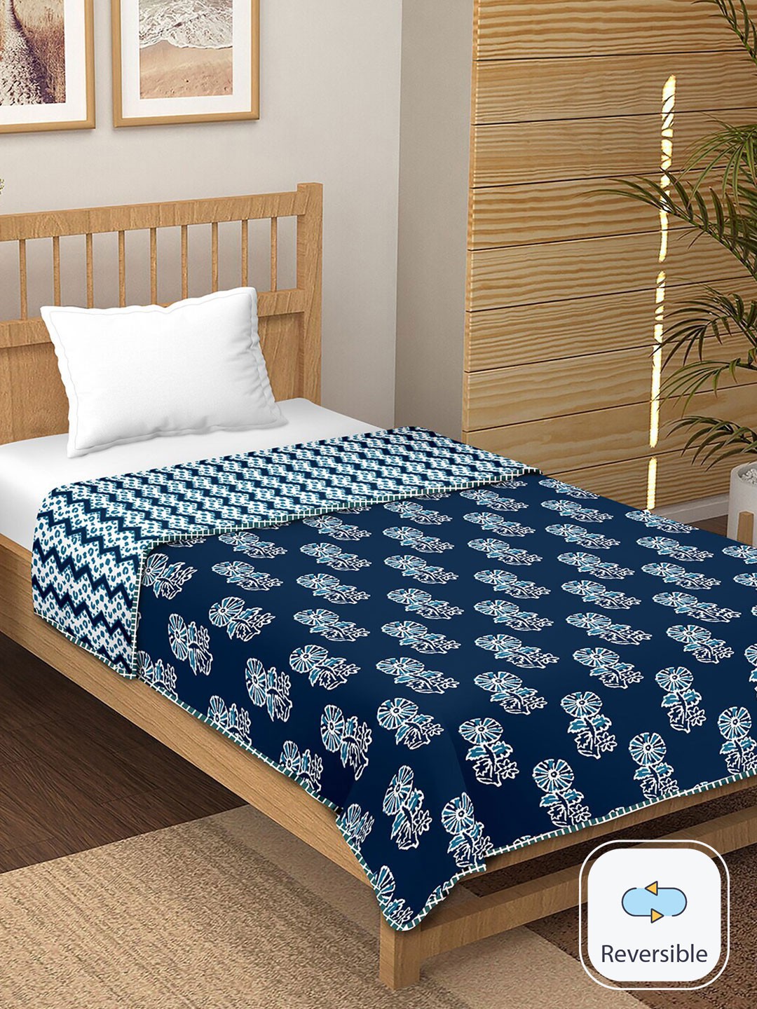 

BELLA CASA Blue Floral Printed Cotton 150 GSM Reversible Single Bed Dohar