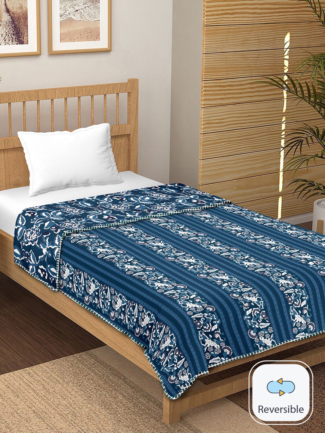 

BELLA CASA Blue Floral Printed Cotton 150 GSM Reversible Single Bed Dohar