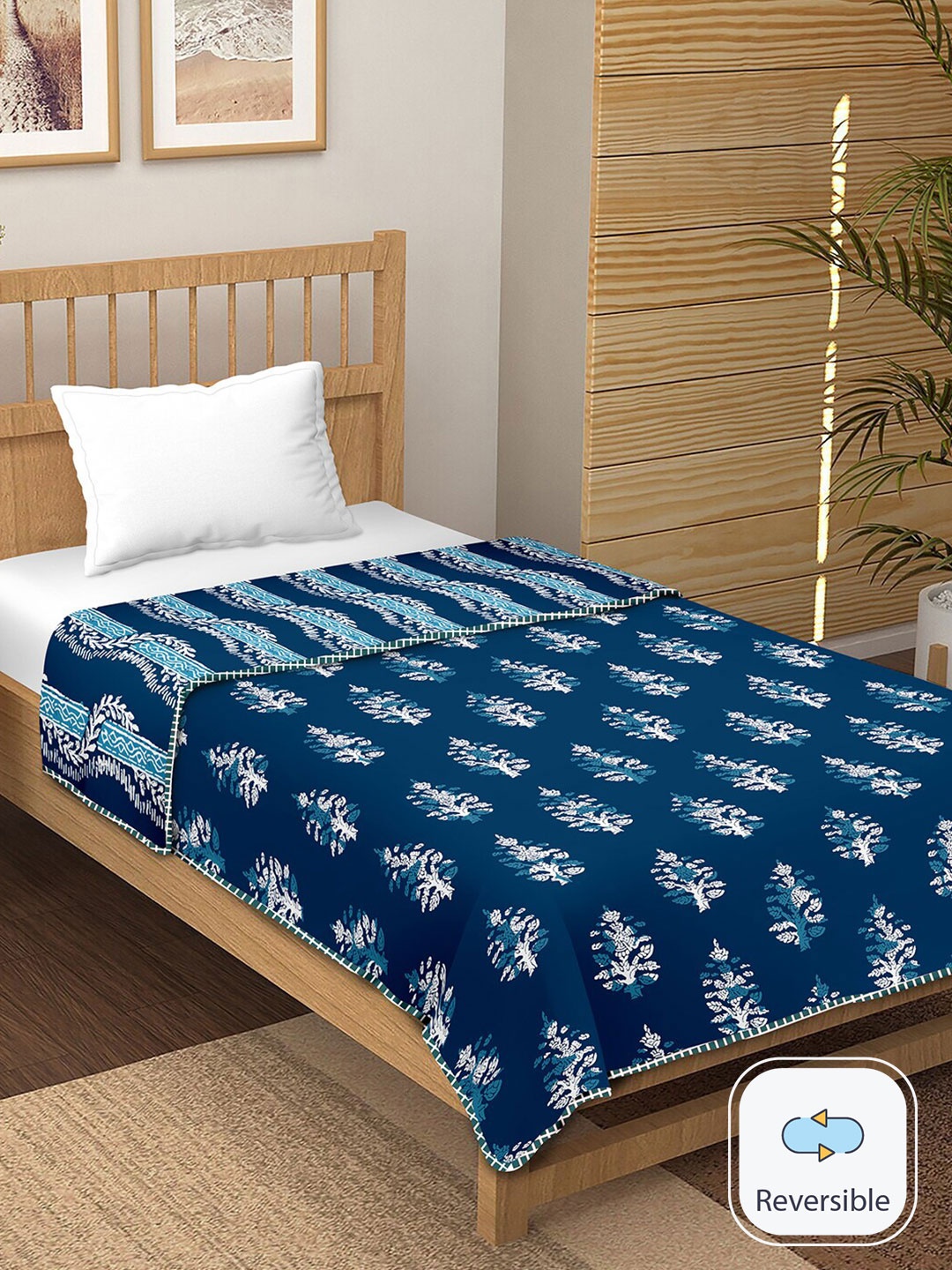 

BELLA CASA Blue Floral Printed Cotton 150 GSM Reversible Single Bed Dohar