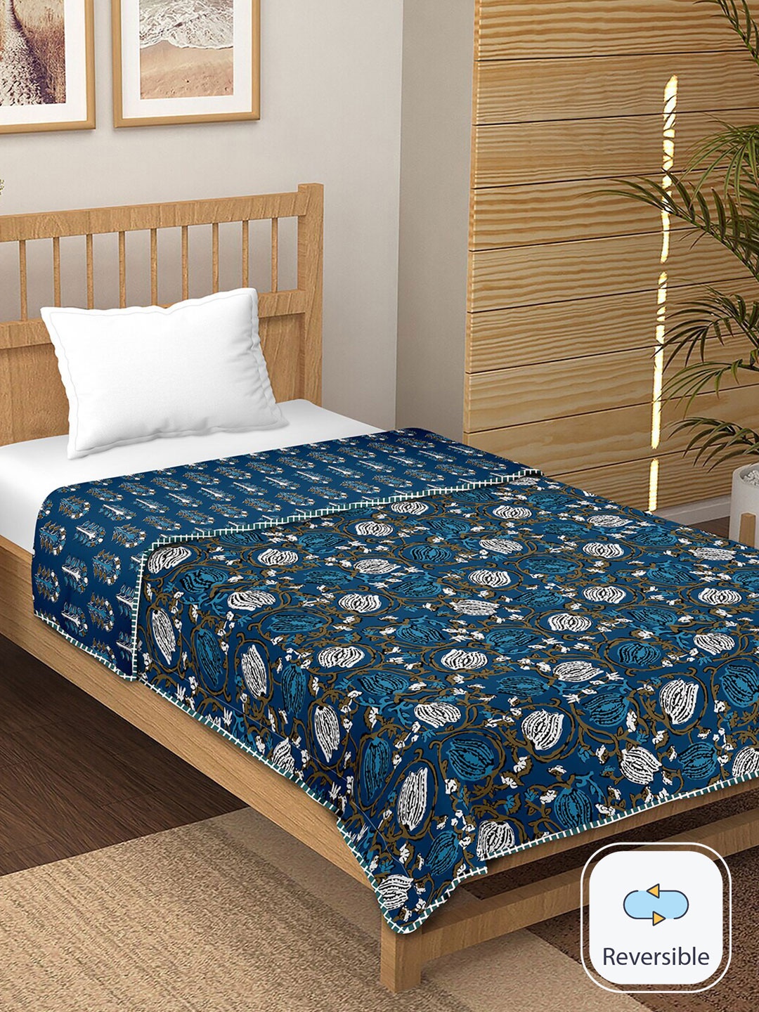 

BELLA CASA Blue Floral Printed Cotton 150 GSM Reversible Single Bed Dohar
