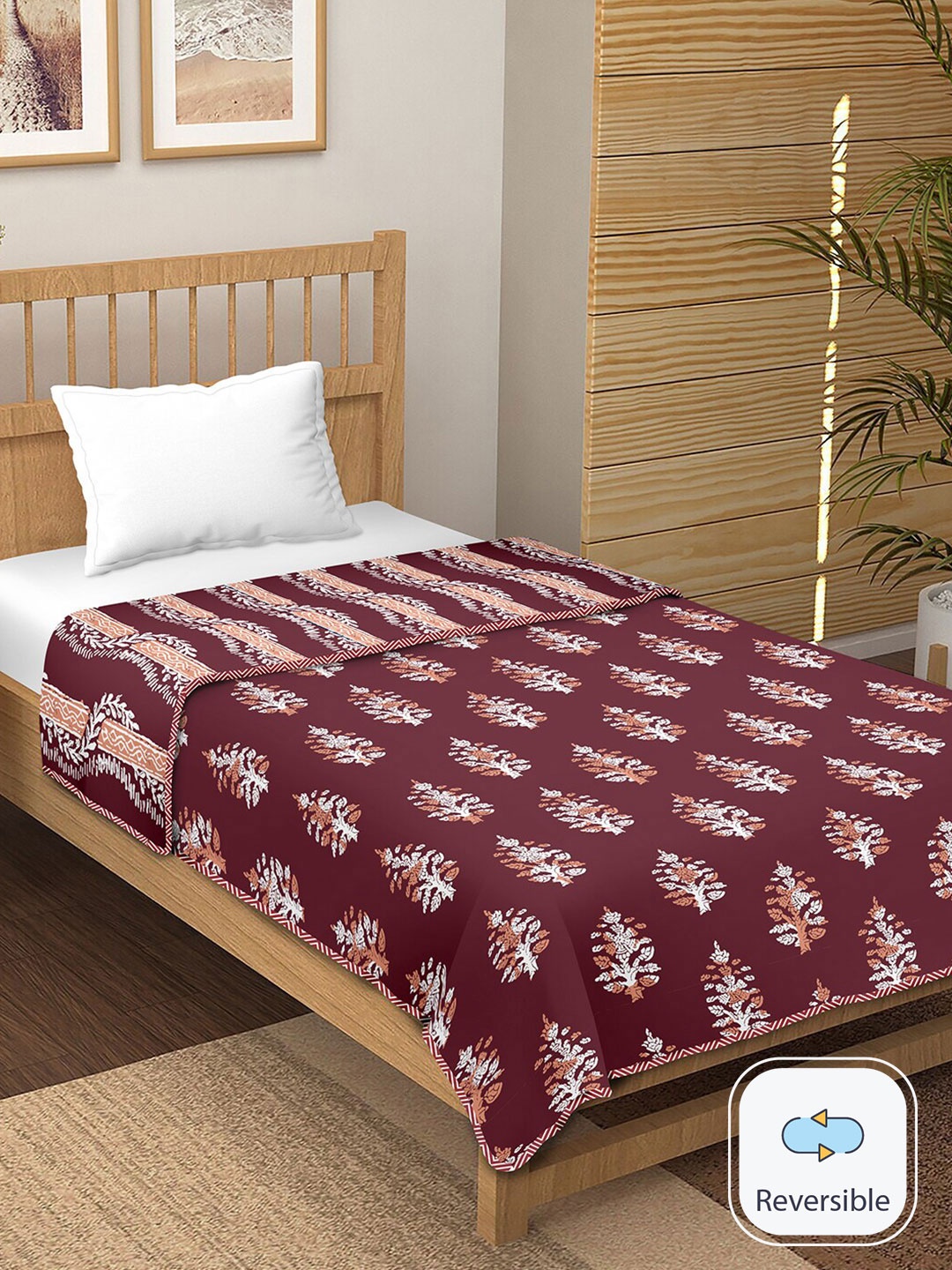 

BELLA CASA Maroon Floral Printed Cotton 150 GSM Reversible Single Bed Dohar