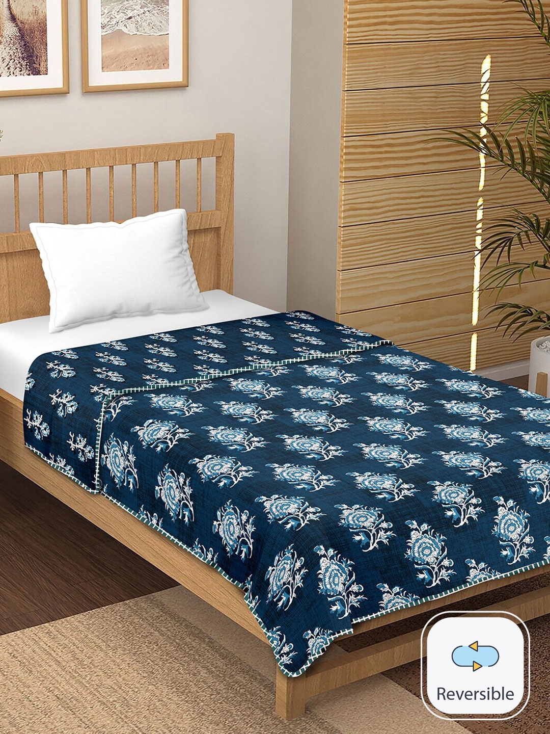 

BELLA CASA Blue Floral Printed Cotton 150 GSM Reversible Single Bed Dohar