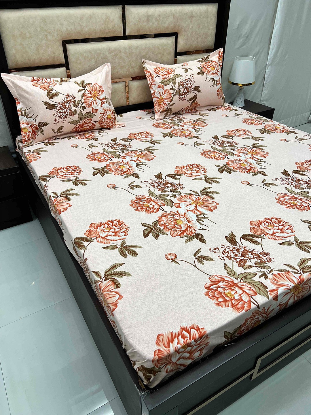 

Pure Decor Peach & Brown Floral Cotton Flat 300 TC Queen Bedsheet with 2 Pillow Covers
