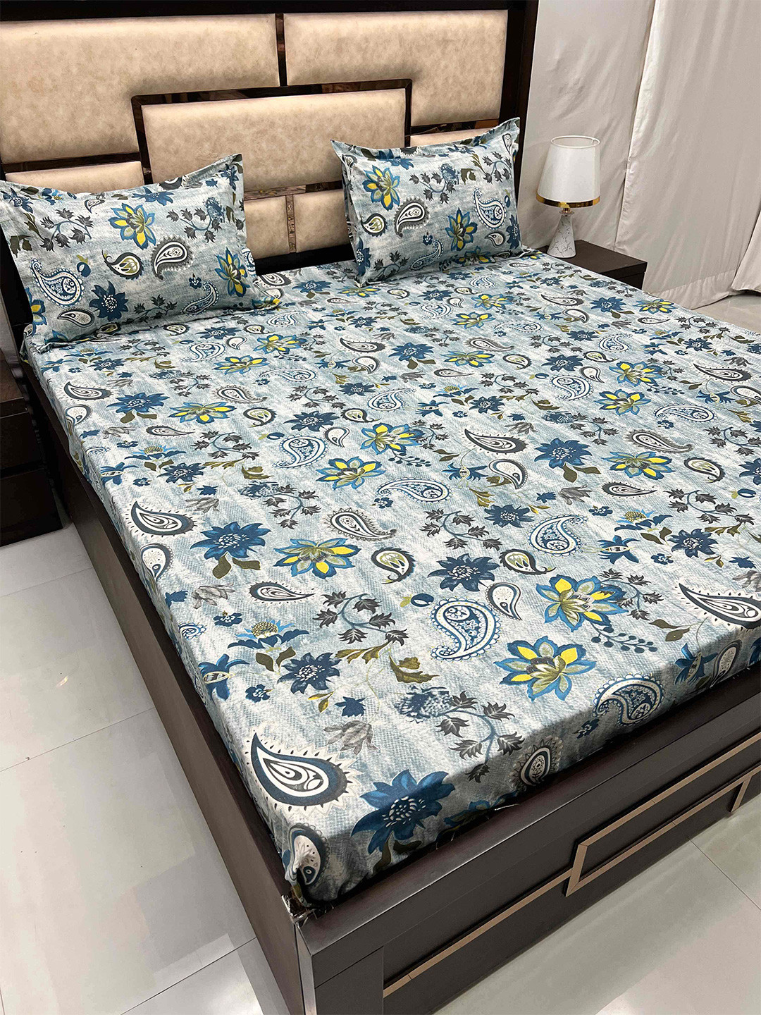

Pure Decor Blue & Grey EthnicMotifs Cotton Flat 300 TC Queen Bedsheet with 2 Pillow Covers