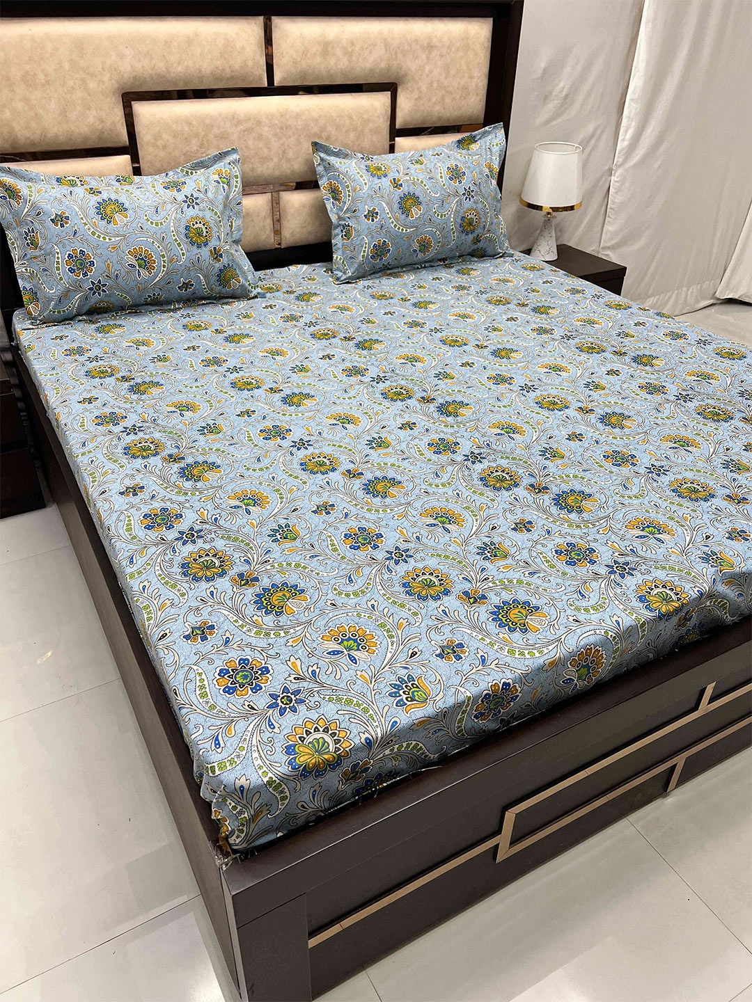 

Pure Decor Blue & Yellow Floral Cotton Flat 300 TC Queen Bedsheet with 2 Pillow Covers