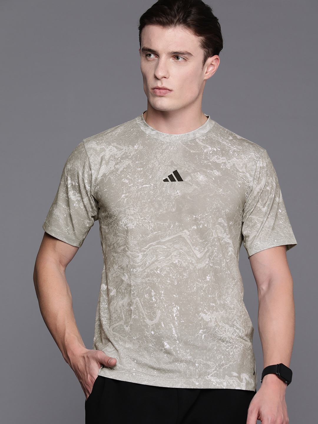 

ADIDAS Printed Slim Fit Power Workout T-shirt, Grey