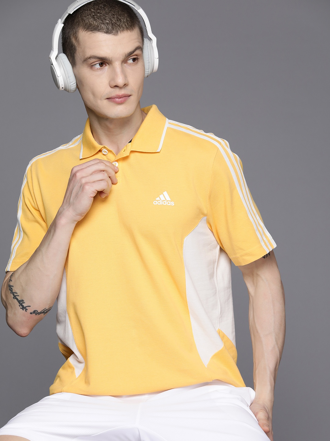 

ADIDAS Men Colourblocked Pure Cotton Polo T-shirt, Yellow