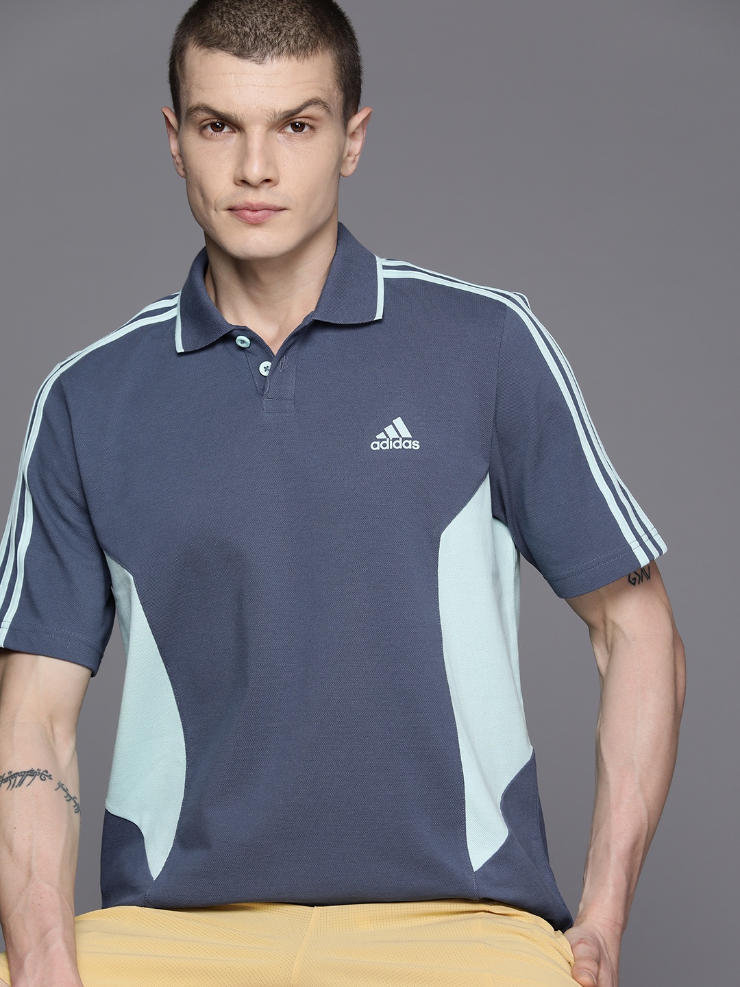 

ADIDAS Men Colourblocked Pure Cotton Polo T-shirt, Blue