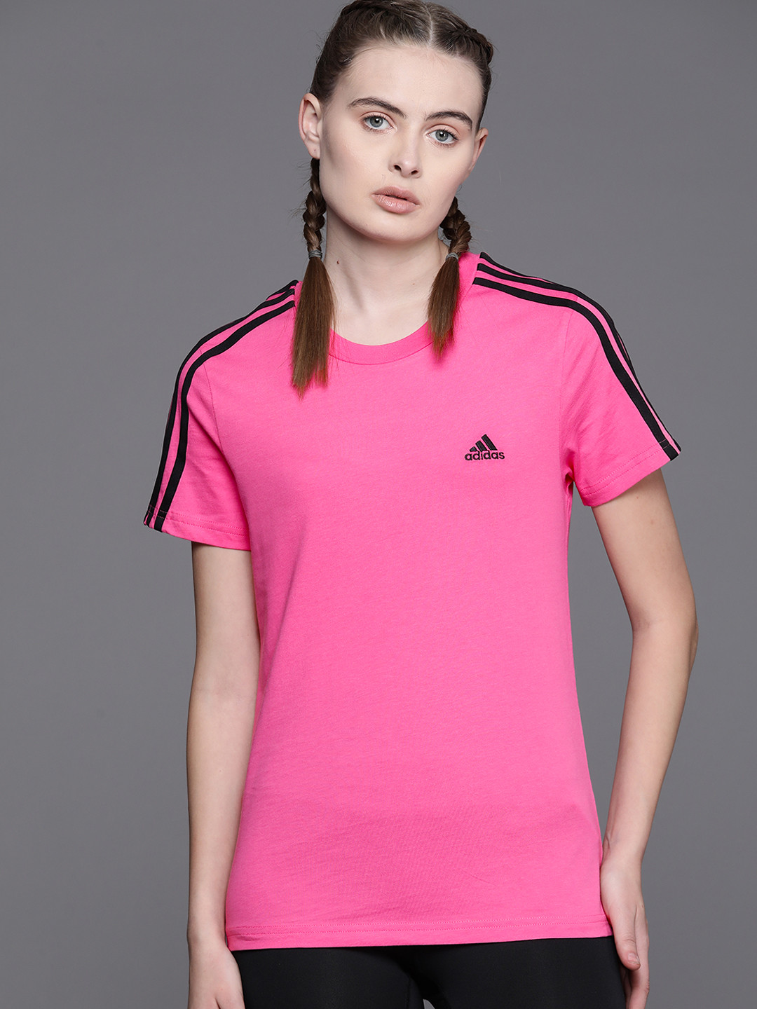 

ADIDAS Women Pure Cotton 3-Striped Slim Fit T-shirt, Pink