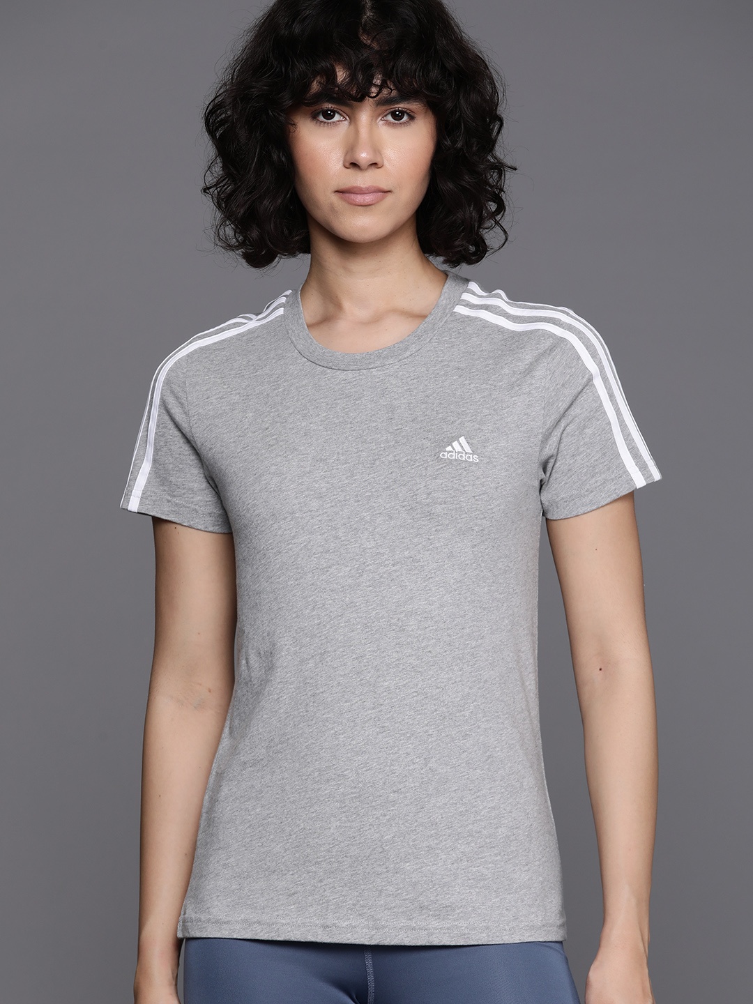 

ADIDAS Women Pure Cotton Essentials Slim Fit 3-Striped T-shirt, Grey