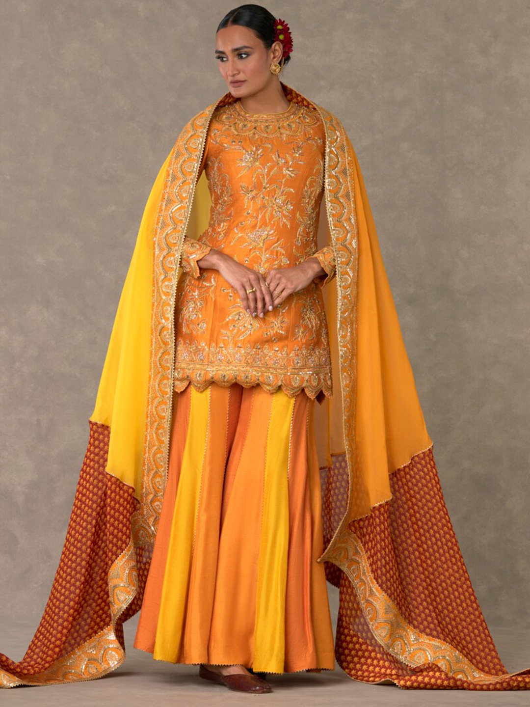 

Masaba Floral Embroidered A-Line Kurta With Sharara & Dupatta, Orange